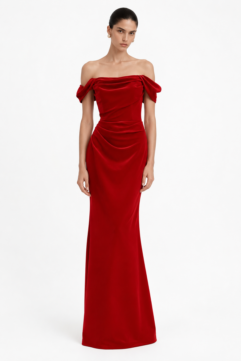 Red Satin Off-Shoulder Evening Dress