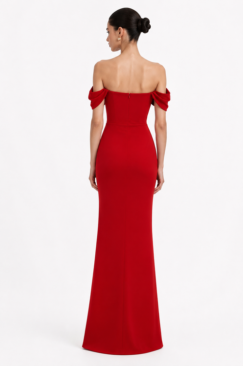 Red Satin Off-Shoulder Evening Dress