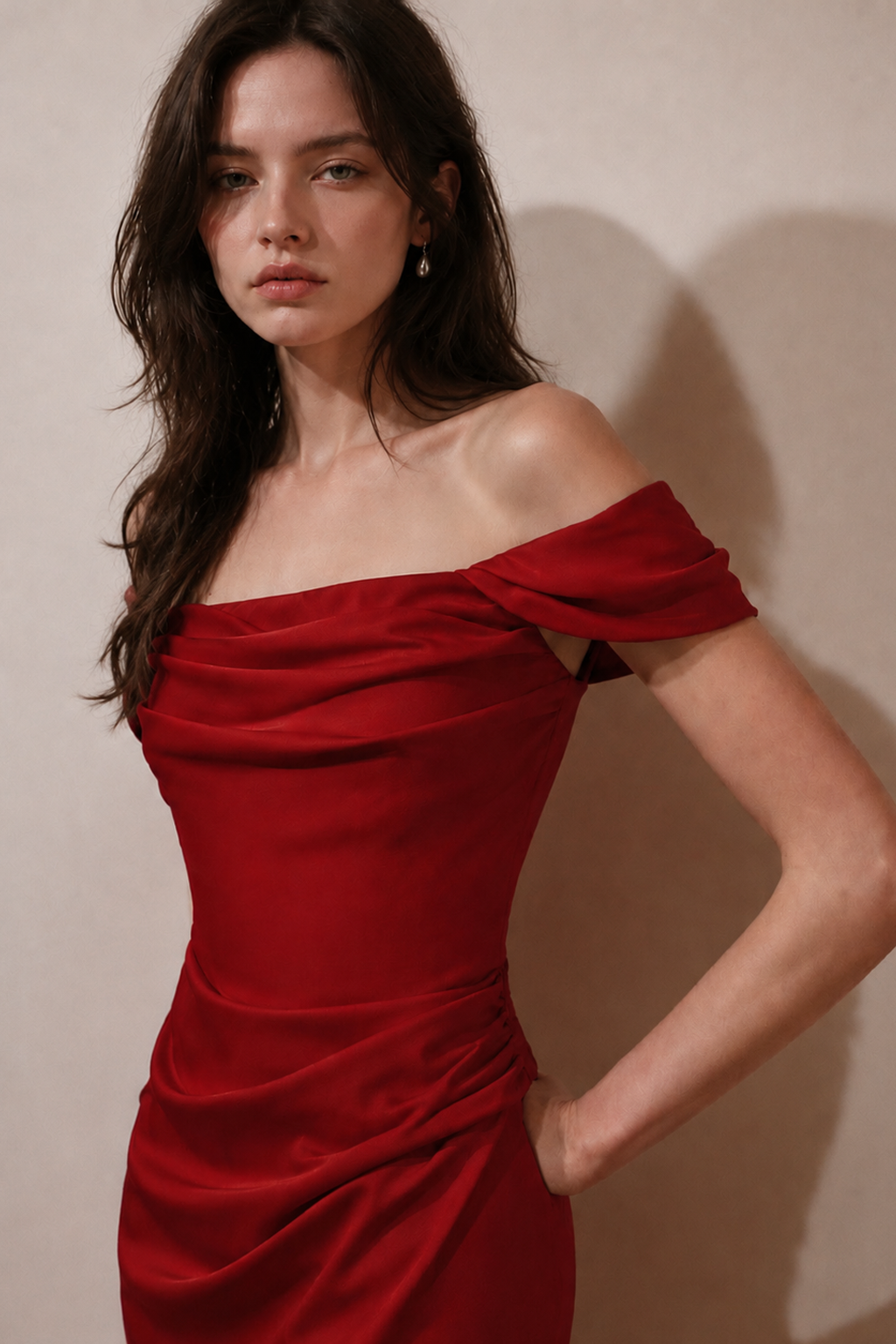 Red Satin Off-Shoulder Evening Dress