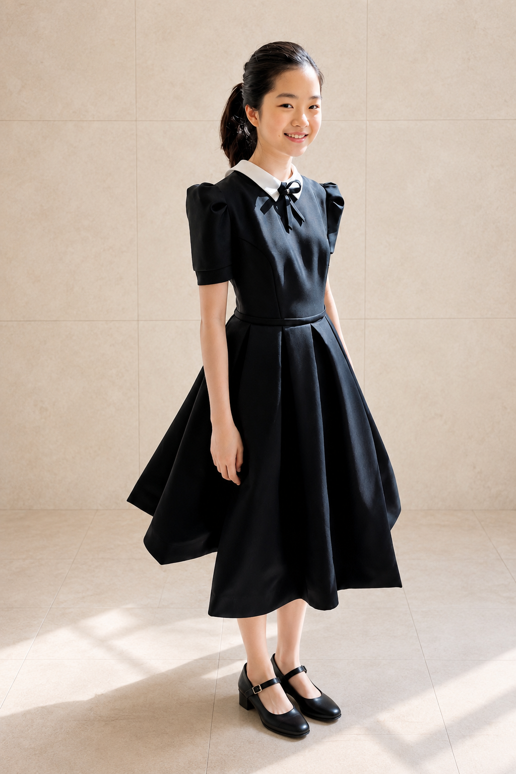 Black Mikado Junior Dress | White Collar & Ribbon