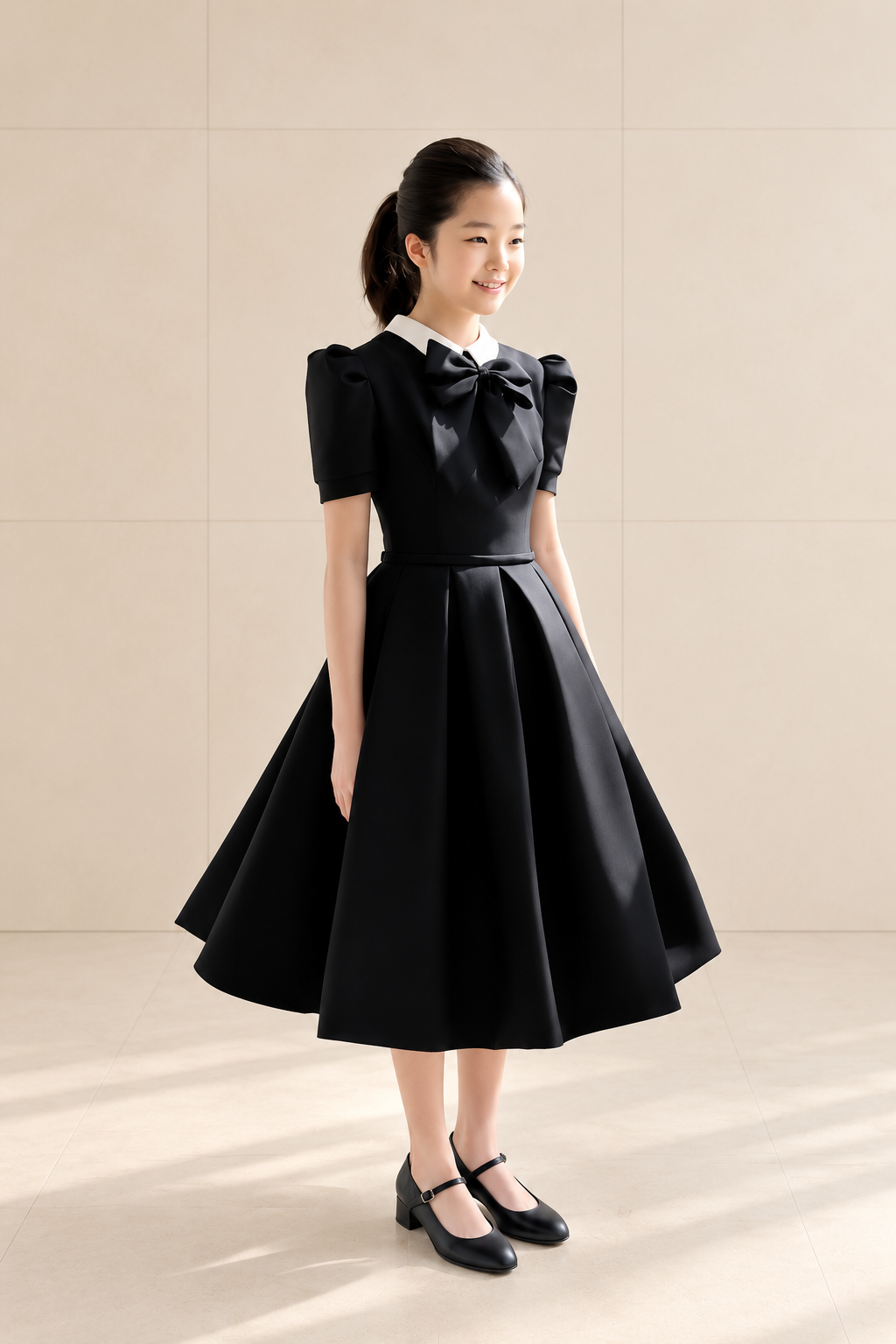 Black Mikado Junior Dress | White Collar & Ribbon