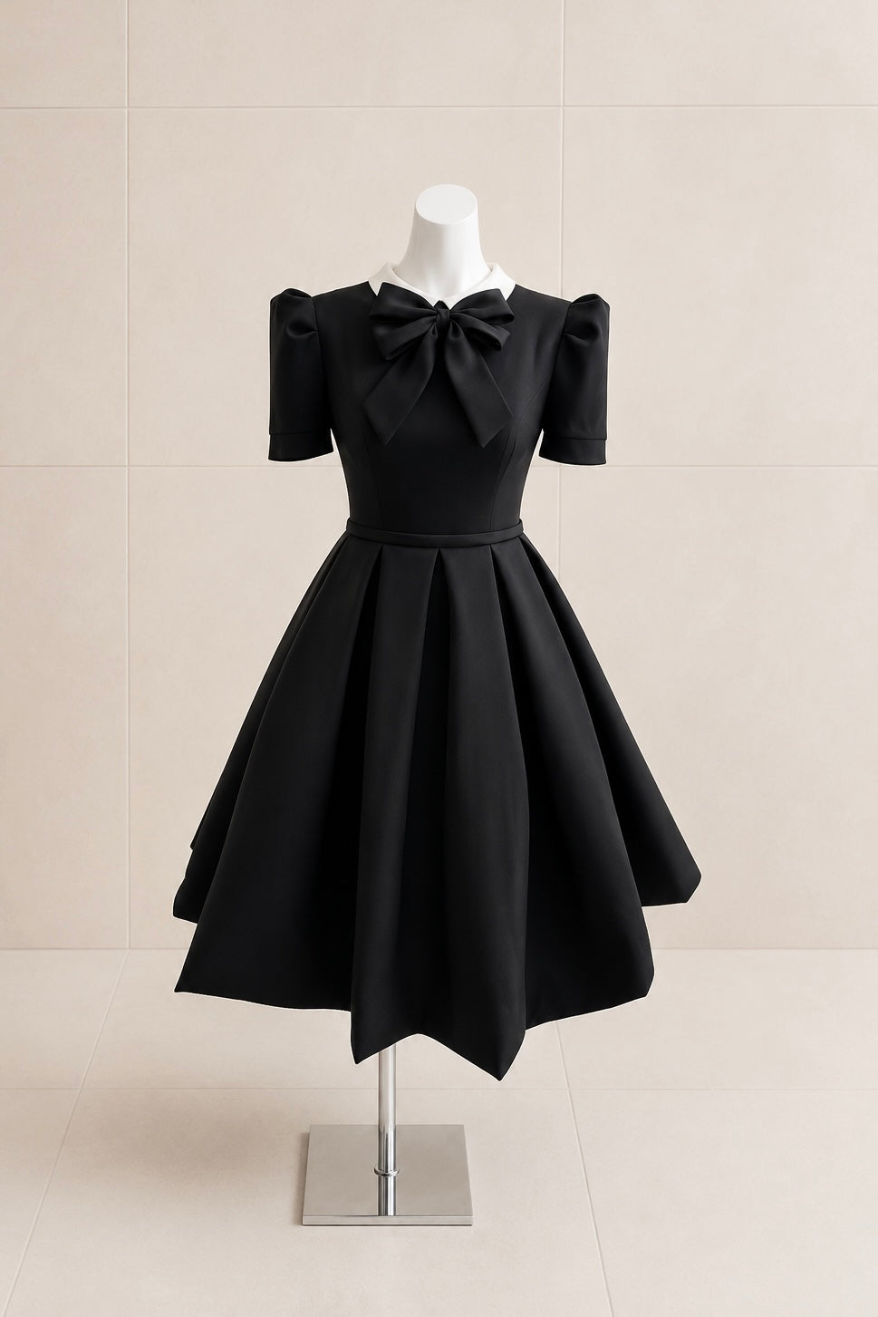 Black Mikado Junior Dress | White Collar & Ribbon