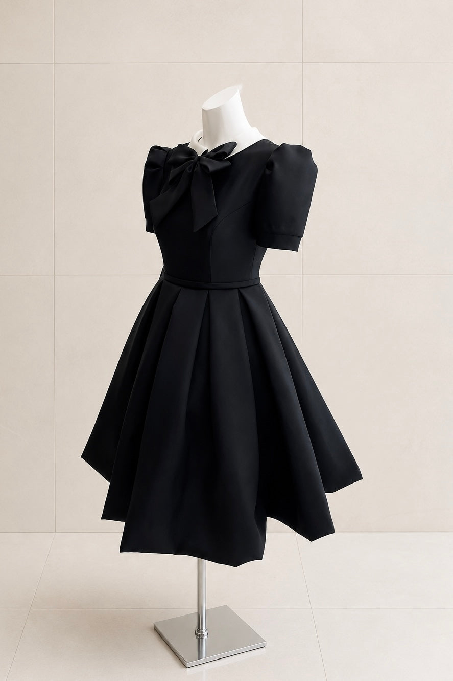 Black Mikado Junior Dress | White Collar & Ribbon