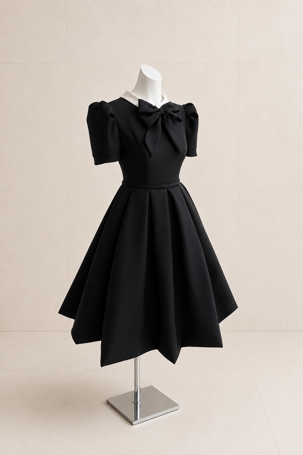 Black Mikado Junior Dress | White Collar & Ribbon