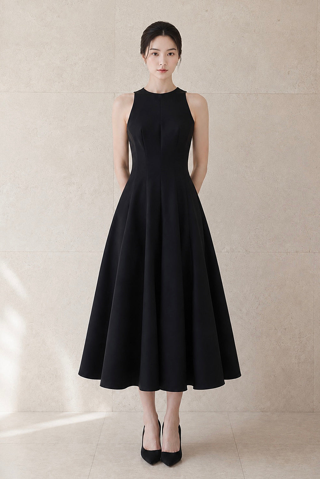 Black Mikado Silk Halter Flare Midi Dress