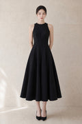 Black Mikado Silk Halter Flare Midi Dress