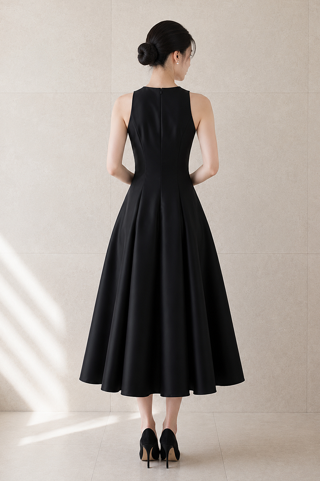 Black Mikado Silk Halter Flare Midi Dress