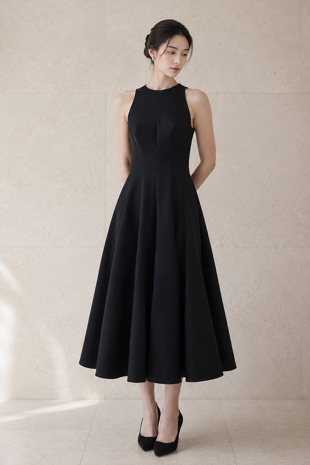 Black Mikado Silk Halter Flare Midi Dress