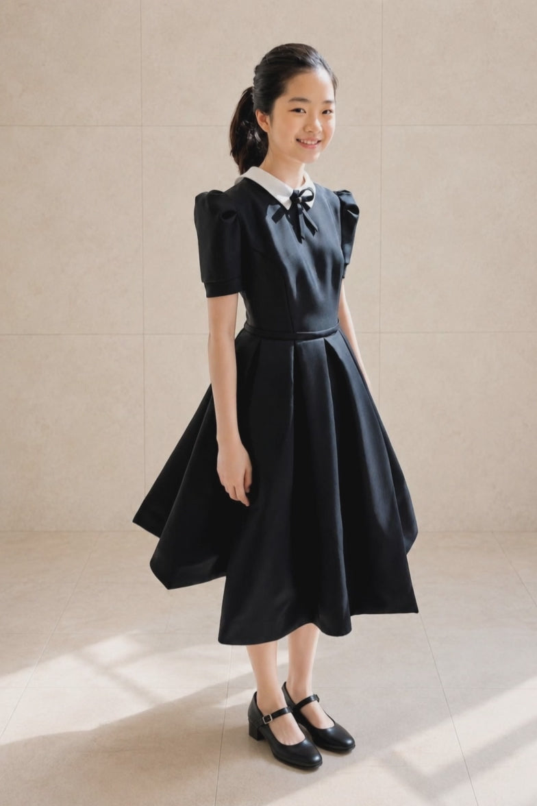 Black Mikado Junior Dress | White Collar & Ribbon