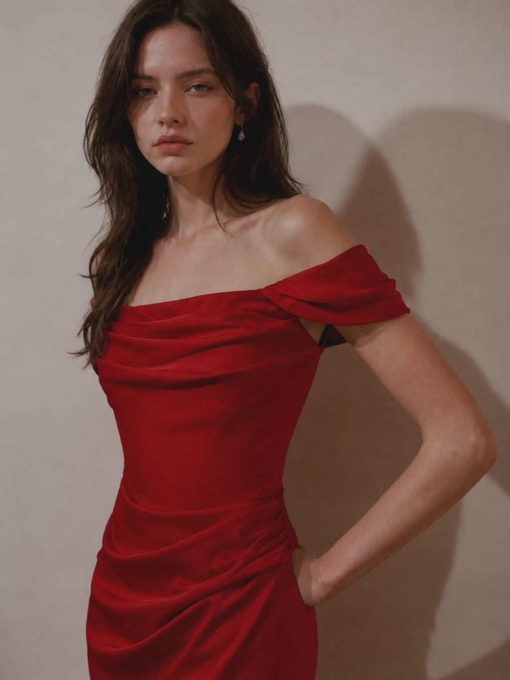 Red Satin Off-Shoulder Evening Dress