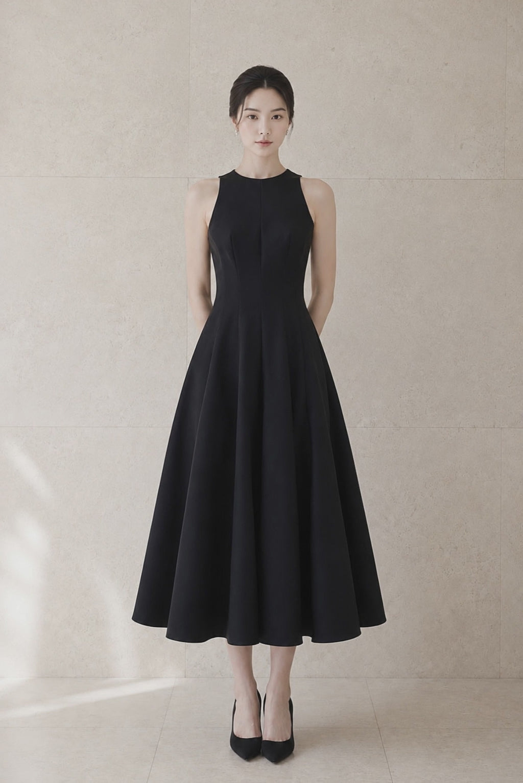 Black Mikado Silk Halter Flare Midi Dress